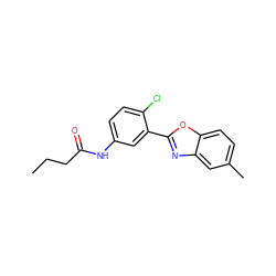 CCCC(=O)Nc1ccc(Cl)c(-c2nc3cc(C)ccc3o2)c1 ZINC000001204184