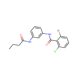 CCCC(=O)Nc1cccc(NC(=O)c2c(Cl)cccc2Br)c1 ZINC000084758332