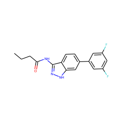 CCCC(=O)Nc1n[nH]c2cc(-c3cc(F)cc(F)c3)ccc12 ZINC000049109497