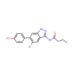 CCCC(=O)Nc1n[nH]c2cc(-c3ccc(O)cc3)c(Br)cc12 ZINC000049114199