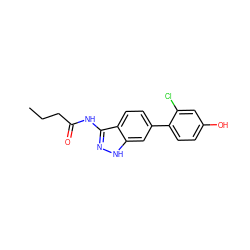 CCCC(=O)Nc1n[nH]c2cc(-c3ccc(O)cc3Cl)ccc12 ZINC000049066617