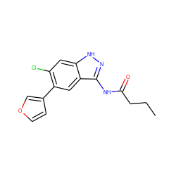 CCCC(=O)Nc1n[nH]c2cc(Cl)c(-c3ccoc3)cc12 ZINC000049052923