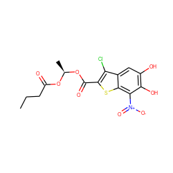 CCCC(=O)O[C@@H](C)OC(=O)c1sc2c([N+](=O)[O-])c(O)c(O)cc2c1Cl ZINC000049073039