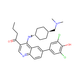 CCCC(=O)c1cnc2ccc(-c3cc(Cl)c(O)c(Cl)c3)cc2c1N[C@H]1CC[C@H](CN(C)C)CC1 ZINC000473152110