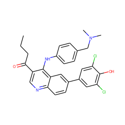 CCCC(=O)c1cnc2ccc(-c3cc(Cl)c(O)c(Cl)c3)cc2c1Nc1ccc(CN(C)C)cc1 ZINC000203798439