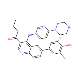 CCCC(=O)c1cnc2ccc(-c3cc(Cl)c(O)c(Cl)c3)cc2c1Nc1ccc(N2CCNCC2)nc1 ZINC000219361275