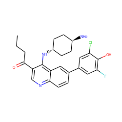 CCCC(=O)c1cnc2ccc(-c3cc(F)c(O)c(Cl)c3)cc2c1N[C@H]1CC[C@H](N)CC1 ZINC000473194441