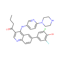 CCCC(=O)c1cnc2ccc(-c3cc(F)c(O)c(Cl)c3)cc2c1Nc1ccc(N2CCNCC2)nc1 ZINC000114039185