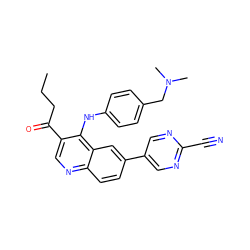 CCCC(=O)c1cnc2ccc(-c3cnc(C#N)nc3)cc2c1Nc1ccc(CN(C)C)cc1 ZINC000114036168