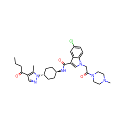 CCCC(=O)c1cnn([C@H]2CC[C@H](NC(=O)c3cn(CC(=O)N4CCN(C)CC4)c4ccc(Cl)cc34)CC2)c1C ZINC000299834124