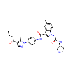 CCCC(=O)c1cnn(-c2ccc(NC(=O)c3cn(CC(=O)N[C@H]4CCNC4)c4ccc(C)cc34)cc2)c1C ZINC000299828973