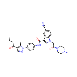 CCCC(=O)c1cnn(-c2ccc(NC(=O)c3cn(CC(=O)N4CCN(C)CC4)c4ccc(C#N)cc34)cc2)c1C ZINC000299831862