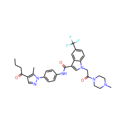 CCCC(=O)c1cnn(-c2ccc(NC(=O)c3cn(CC(=O)N4CCN(C)CC4)c4ccc(C(F)(F)F)cc34)cc2)c1C ZINC000203555492