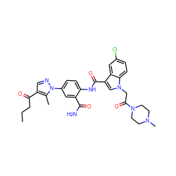 CCCC(=O)c1cnn(-c2ccc(NC(=O)c3cn(CC(=O)N4CCN(C)CC4)c4ccc(Cl)cc34)c(C(N)=O)c2)c1C ZINC000299831044