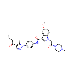 CCCC(=O)c1cnn(-c2ccc(NC(=O)c3cn(CC(=O)N4CCN(C)CC4)c4ccc(OC)cc34)cc2)c1C ZINC000203554807