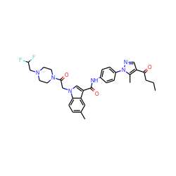 CCCC(=O)c1cnn(-c2ccc(NC(=O)c3cn(CC(=O)N4CCN(CC(F)F)CC4)c4ccc(C)cc34)cc2)c1C ZINC000299824615