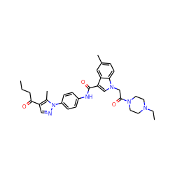 CCCC(=O)c1cnn(-c2ccc(NC(=O)c3cn(CC(=O)N4CCN(CC)CC4)c4ccc(C)cc34)cc2)c1C ZINC000299832638