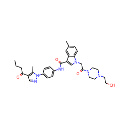 CCCC(=O)c1cnn(-c2ccc(NC(=O)c3cn(CC(=O)N4CCN(CCO)CC4)c4ccc(C)cc34)cc2)c1C ZINC000299829585