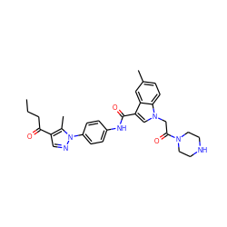 CCCC(=O)c1cnn(-c2ccc(NC(=O)c3cn(CC(=O)N4CCNCC4)c4ccc(C)cc34)cc2)c1C ZINC000203555031