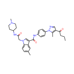 CCCC(=O)c1cnn(-c2ccc(NC(=O)c3cn(CC(=O)NC4CCN(C)CC4)c4ccc(C)cc34)cc2)c1C ZINC000299824621