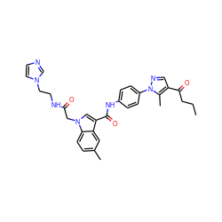 CCCC(=O)c1cnn(-c2ccc(NC(=O)c3cn(CC(=O)NCCn4ccnc4)c4ccc(C)cc34)cc2)c1C ZINC000299830248