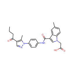 CCCC(=O)c1cnn(-c2ccc(NC(=O)c3cn(CC(=O)O)c4ccc(C)cc34)cc2)c1C ZINC000203553341