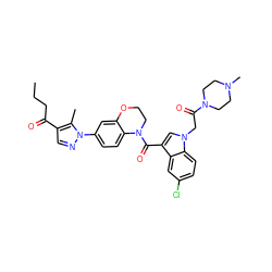 CCCC(=O)c1cnn(-c2ccc3c(c2)OCCN3C(=O)c2cn(CC(=O)N3CCN(C)CC3)c3ccc(Cl)cc23)c1C ZINC000299836367