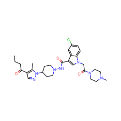 CCCC(=O)c1cnn(C2CCN(NC(=O)c3cn(CC(=O)N4CCN(C)CC4)c4ccc(Cl)cc34)CC2)c1C ZINC000209145230