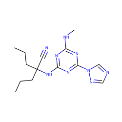 CCCC(C#N)(CCC)Nc1nc(NC)nc(-n2cncn2)n1 ZINC000096922733