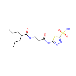 CCCC(CCC)C(=O)NCCC(=O)Nc1nnc(S(N)(=O)=O)s1 ZINC000013471987