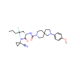 CCCC(F)(F)C[C@H](NC(=O)N1CCC2(CC1)CCN(c1ccc(OC)cc1)C2)C(=O)NC1(C#N)CC1 ZINC000113631124