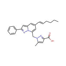 CCCC/C=C/c1cc(Cn2nc(C(=O)O)cc2C)n2nc(-c3ccccc3)cc2c1 ZINC001772578346