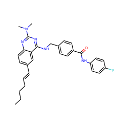 CCCC/C=C/c1ccc2nc(N(C)C)nc(NCc3ccc(C(=O)Nc4ccc(F)cc4)cc3)c2c1 ZINC000144162843