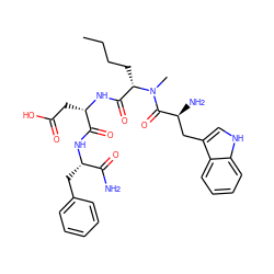 CCCC[C@@H](C(=O)N[C@@H](CC(=O)O)C(=O)N[C@@H](Cc1ccccc1)C(N)=O)N(C)C(=O)[C@@H](N)Cc1c[nH]c2ccccc12 ZINC000027180304
