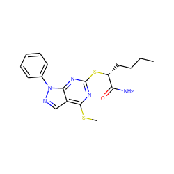 CCCC[C@@H](Sc1nc(SC)c2cnn(-c3ccccc3)c2n1)C(N)=O ZINC000013759706