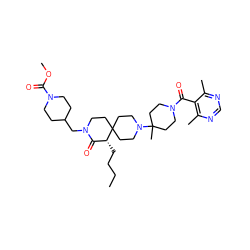 CCCC[C@@H]1C(=O)N(CC2CCN(C(=O)OC)CC2)CCC12CCN(C1(C)CCN(C(=O)c3c(C)ncnc3C)CC1)CC2 ZINC000042806283