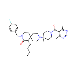 CCCC[C@@H]1C(=O)N(Cc2ccc(F)cc2)CCC12CCN(C1(C)CCN(C(=O)c3c(C)ncnc3C)CC1)CC2 ZINC000044351315