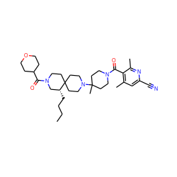 CCCC[C@@H]1CN(C(=O)C2CCOCC2)CCC12CCN(C1(C)CCN(C(=O)c3c(C)cc(C#N)nc3C)CC1)CC2 ZINC000042835485