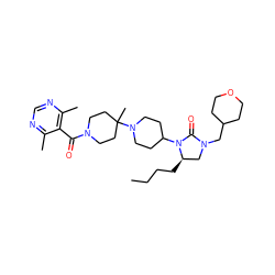 CCCC[C@@H]1CN(CC2CCOCC2)C(=O)N1C1CCN(C2(C)CCN(C(=O)c3c(C)ncnc3C)CC2)CC1 ZINC000049777225