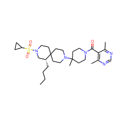 CCCC[C@@H]1CN(S(=O)(=O)C2CC2)CCC12CCN(C1(C)CCN(C(=O)c3c(C)ncnc3C)CC1)CC2 ZINC000040935550