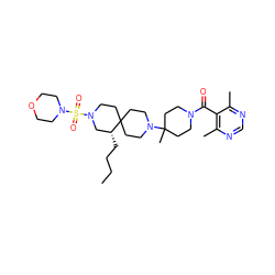 CCCC[C@@H]1CN(S(=O)(=O)N2CCOCC2)CCC12CCN(C1(C)CCN(C(=O)c3c(C)ncnc3C)CC1)CC2 ZINC000042808585