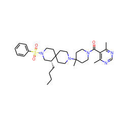 CCCC[C@@H]1CN(S(=O)(=O)c2ccccc2)CCC12CCN(C1(C)CCN(C(=O)c3c(C)ncnc3C)CC1)CC2 ZINC000044352129