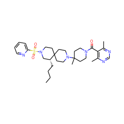 CCCC[C@@H]1CN(S(=O)(=O)c2ccccn2)CCC12CCN(C1(C)CCN(C(=O)c3c(C)ncnc3C)CC1)CC2 ZINC000044307116