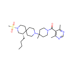 CCCC[C@@H]1CN(S(C)(=O)=O)CCC12CCN(C1(C)CCN(C(=O)c3c(C)ncnc3C)CC1)CC2 ZINC000040935950