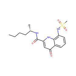 CCCC[C@H](C)NC(=O)c1cc(=O)c2cccc(NS(C)(=O)=O)c2[nH]1 ZINC000095590076