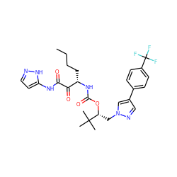 CCCC[C@H](NC(=O)O[C@H](Cn1cc(-c2ccc(C(F)(F)F)cc2)cn1)C(C)(C)C)C(=O)C(=O)Nc1ccn[nH]1 ZINC000028465666