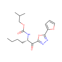 CCCC[C@H](NC(=O)OCC(C)C)C(=O)c1nnc(-c2ccco2)o1 ZINC000029125089