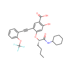 CCCC[C@H](Oc1cc(O)c(C(=O)O)cc1C#Cc1ccccc1OC(F)(F)F)C(=O)NC1CCCCC1 ZINC000299850999