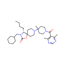 CCCC[C@H]1N(CC2CCCCC2)C(=O)OC12CCN(C1(C)CCN(C(=O)c3c(C)ncnc3C)CC1)CC2 ZINC000049114373