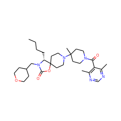 CCCC[C@H]1N(CC2CCOCC2)C(=O)OC12CCN(C1(C)CCN(C(=O)c3c(C)ncnc3C)CC1)CC2 ZINC000049018139